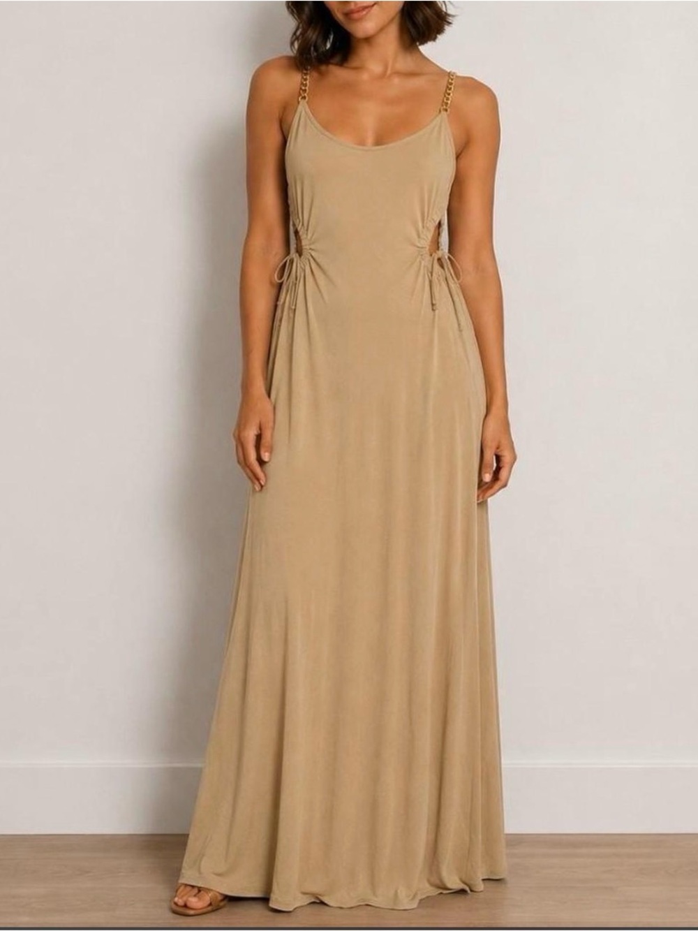 Derek Heart Tan Maxi Dress with Chain Shoulder Straps